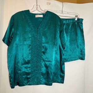 Vintage 80s Womens Sz M Teal Satin Pajama Set S/S Top Shorts Lingerie Intimates